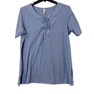 Per Seption Womens Size 3X Blue Lace Up Short Sleeve Round Neck Blouse Top